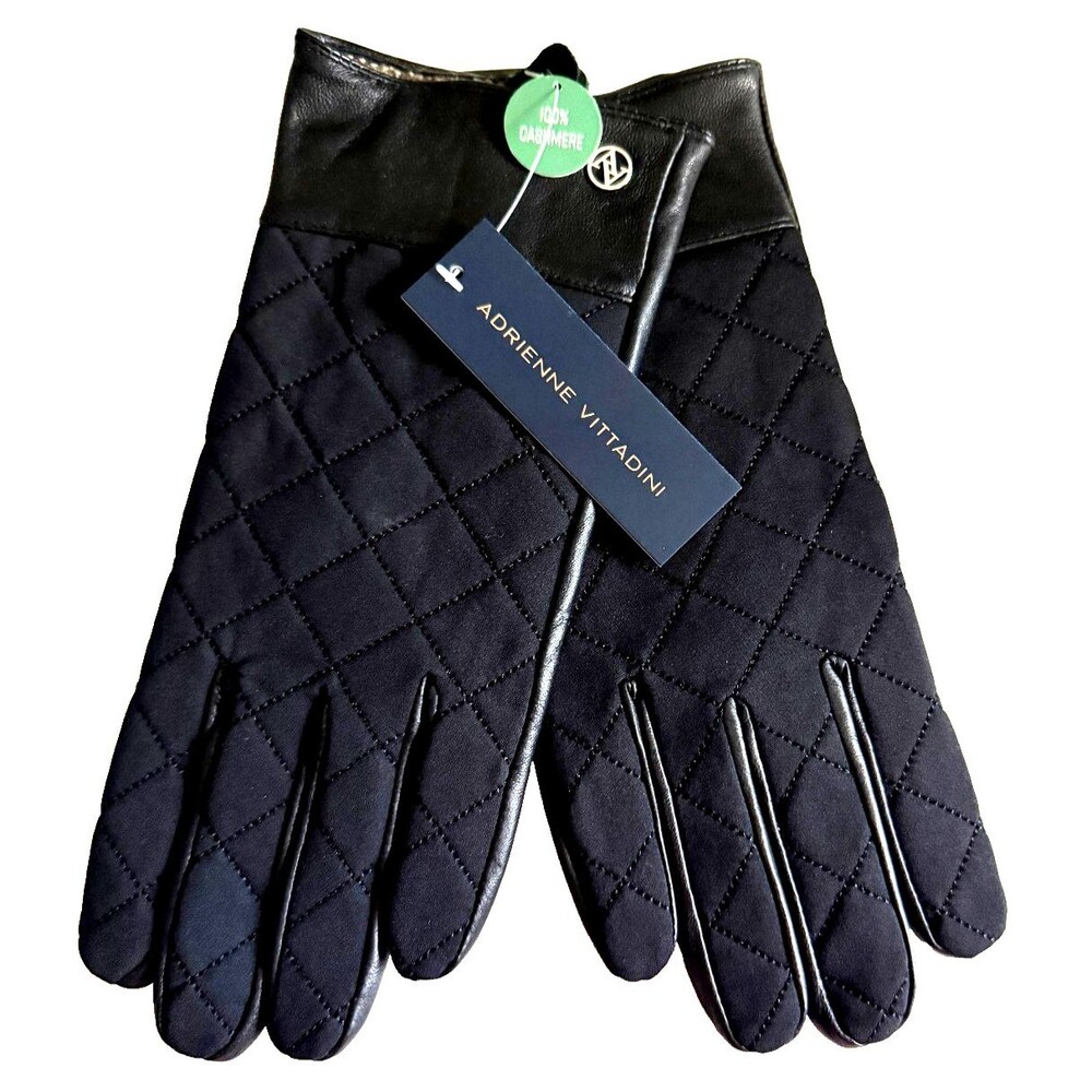 Adrienne Vittadini 100% Cashmere Lined Ladies Gloves Black Quilt Top Leather XL